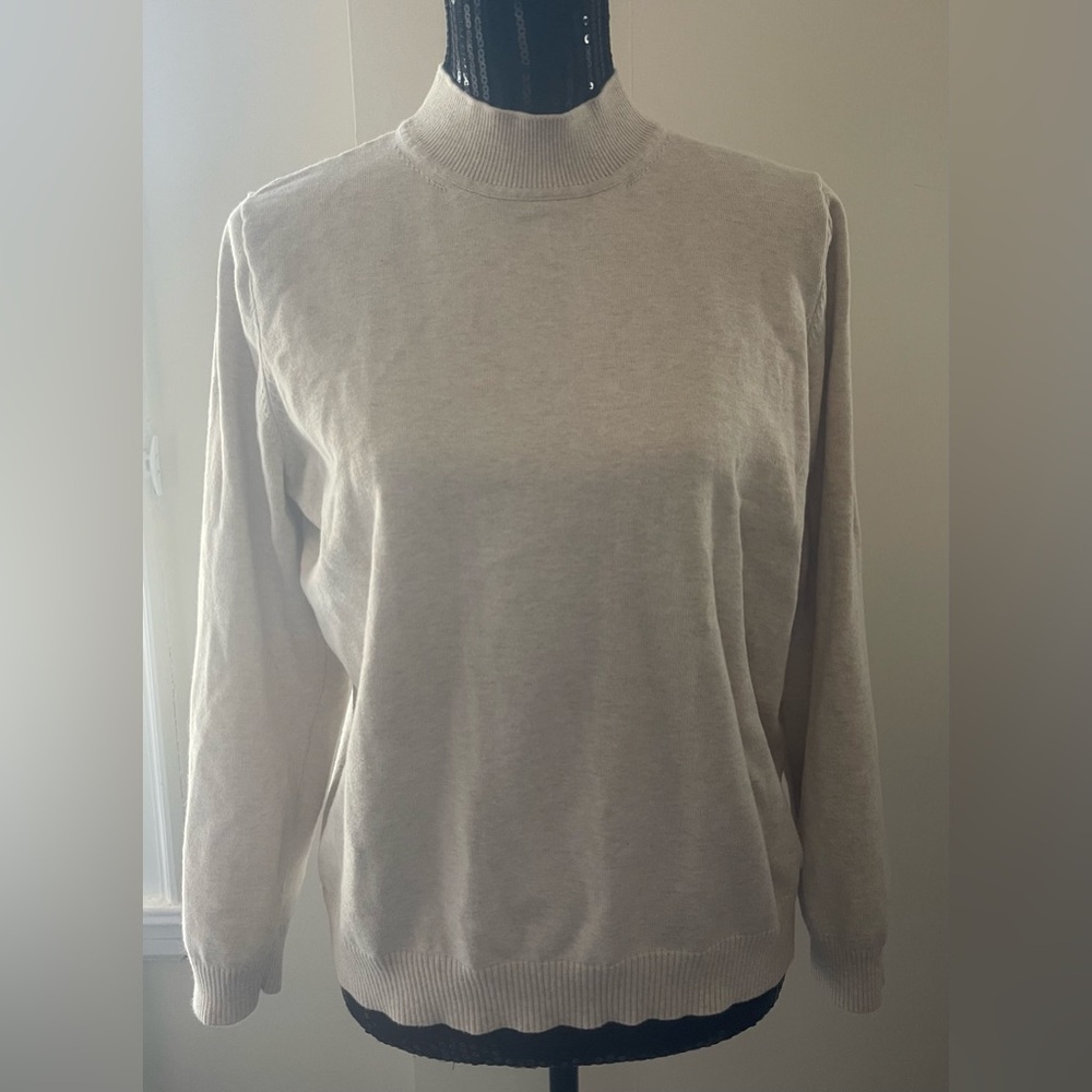 Classic Cream Heathered Mock Neck Cotton Sweater